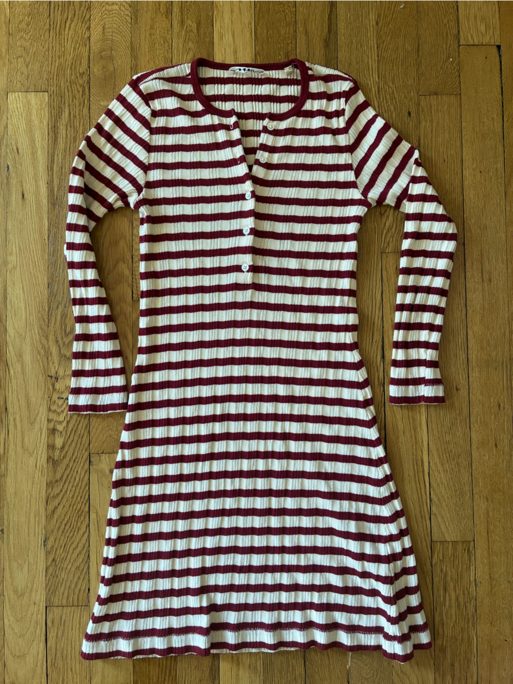 DOEN- Como Dress - Burgundy & Cream Striped Ribbed SMALL